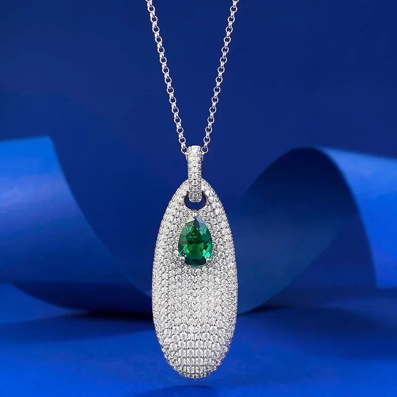 SpringQiaoer Vintage 925 Sterling Silver 6*9 MM Pear Cut Emerald High Carbon Diamond Gems Pendant Necklace Fine Jewelry