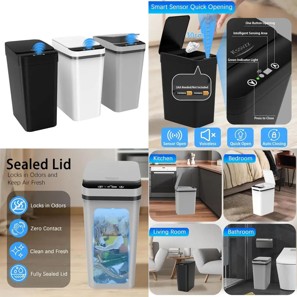 

3-Pack 2.5 Gallon Touchless Trash Cans with Lid, Motion Sensor, Slim Design for Dogs, Waterproof Wastebasket for Home and Office