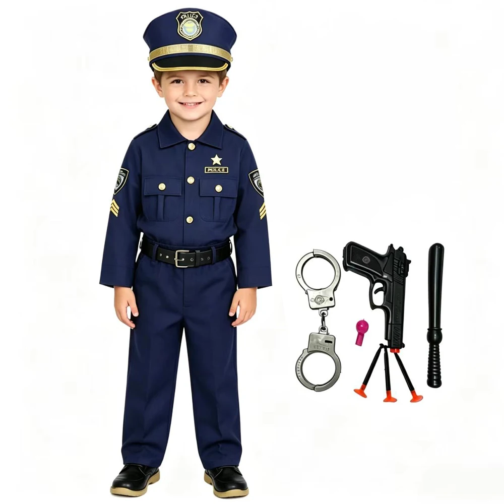 Kids Police Cosplay Costume Uniform Set Tops Pants Hat Belt Handcuffs Accessories Boys Halloween Party Cosplay Role Play Outfit view 5