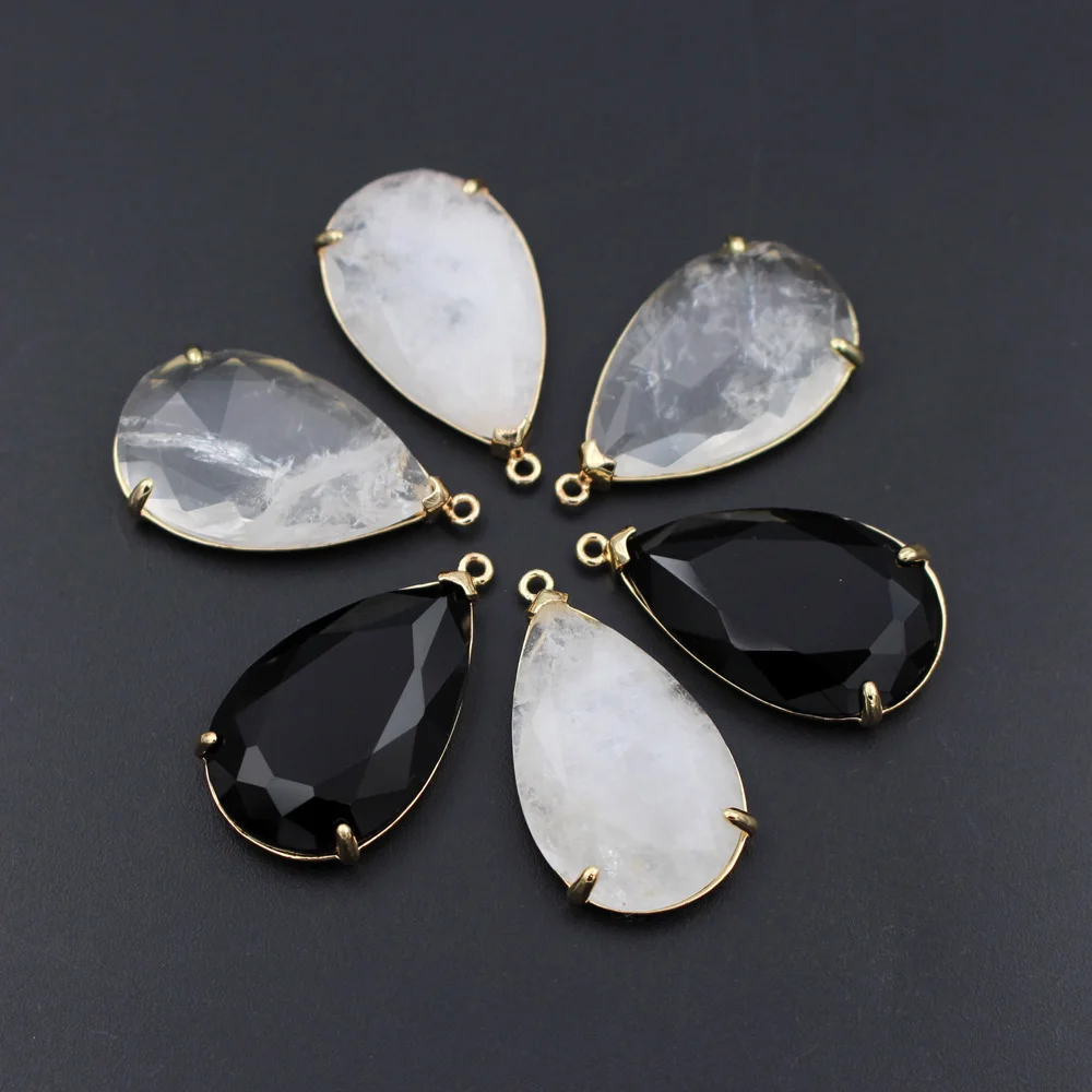 

6pcs Jewelry Accessories Faceted Natural Stone Black Agate White Quartz Teardrop Pendant Drops Charms DIY Jewelry Making