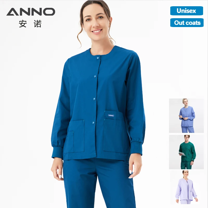 

ANNO Long Sleeve Nurse Jacket Out Coat Doctor Shirt Women Men Nursing Uniform Top Hospital Clothing Work Wear