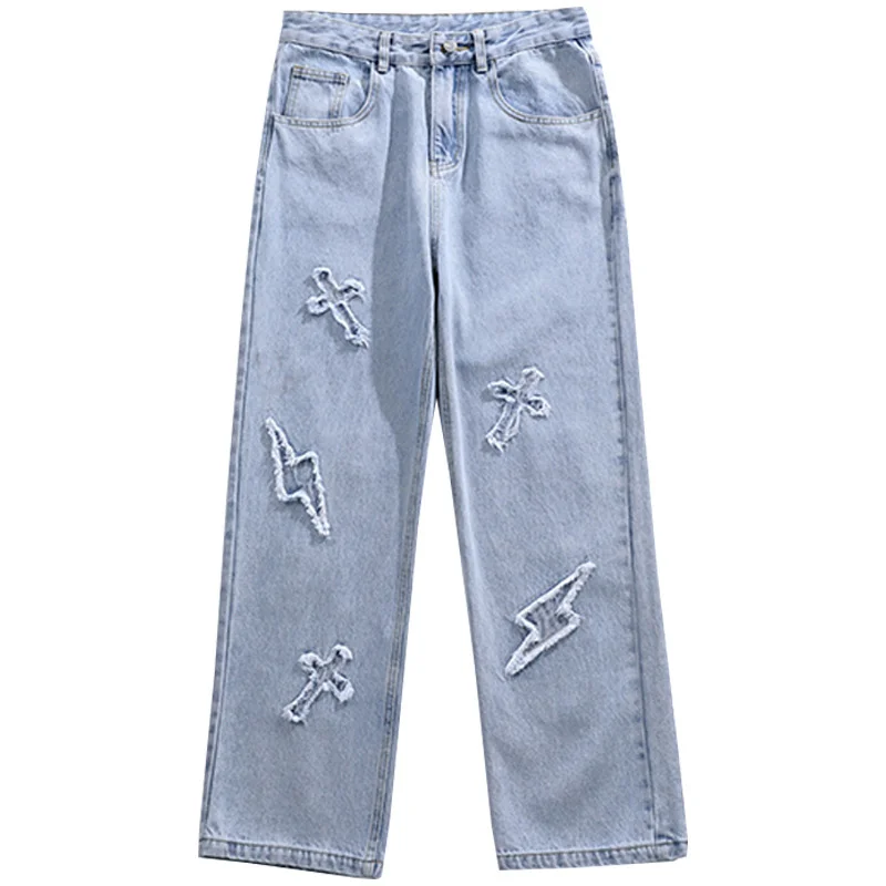 Hip Hop Streetwear Y2k Mens Pants High Street Jeans Baggy Loose Straight Casual Pants 2023 Fashion Male Cross Patch New Trousers