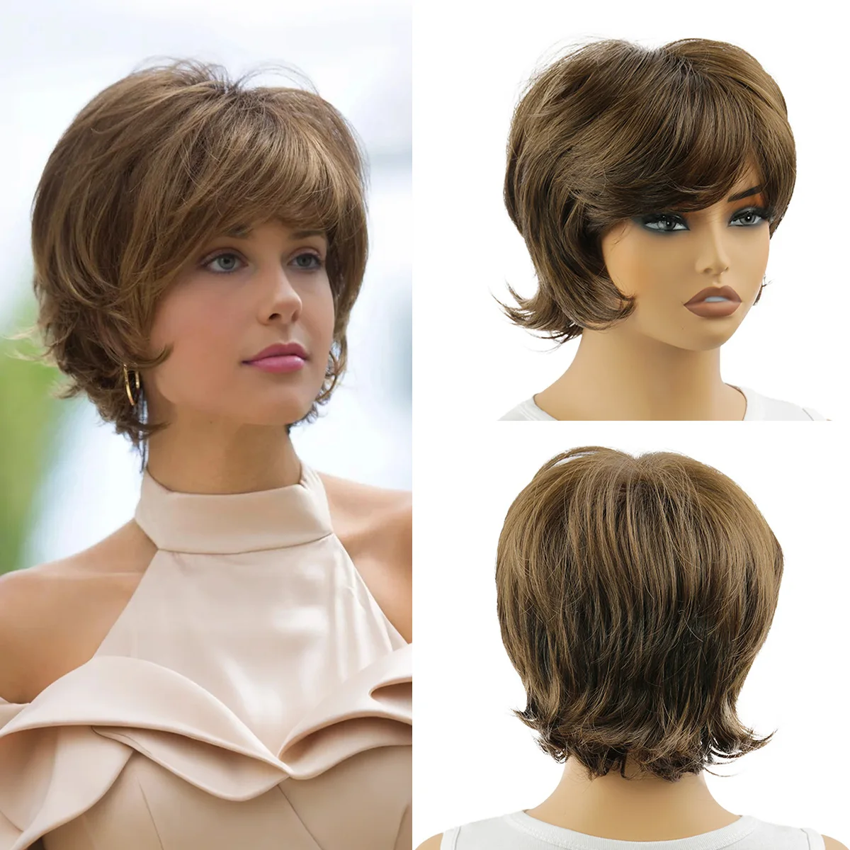 SQRDGQ Natural Wavy Hair Synthetic Wigs for Woman Pixie Cut Short Wig with Bangs Daily Party Woman Wigs Heat Resistant Hair