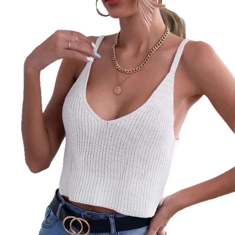 Women's V Neck Slim Fit Crop Knit Camisole Sleeveless Double Strap Solid Color Ultra Short Summer Casual Top with Ribbed