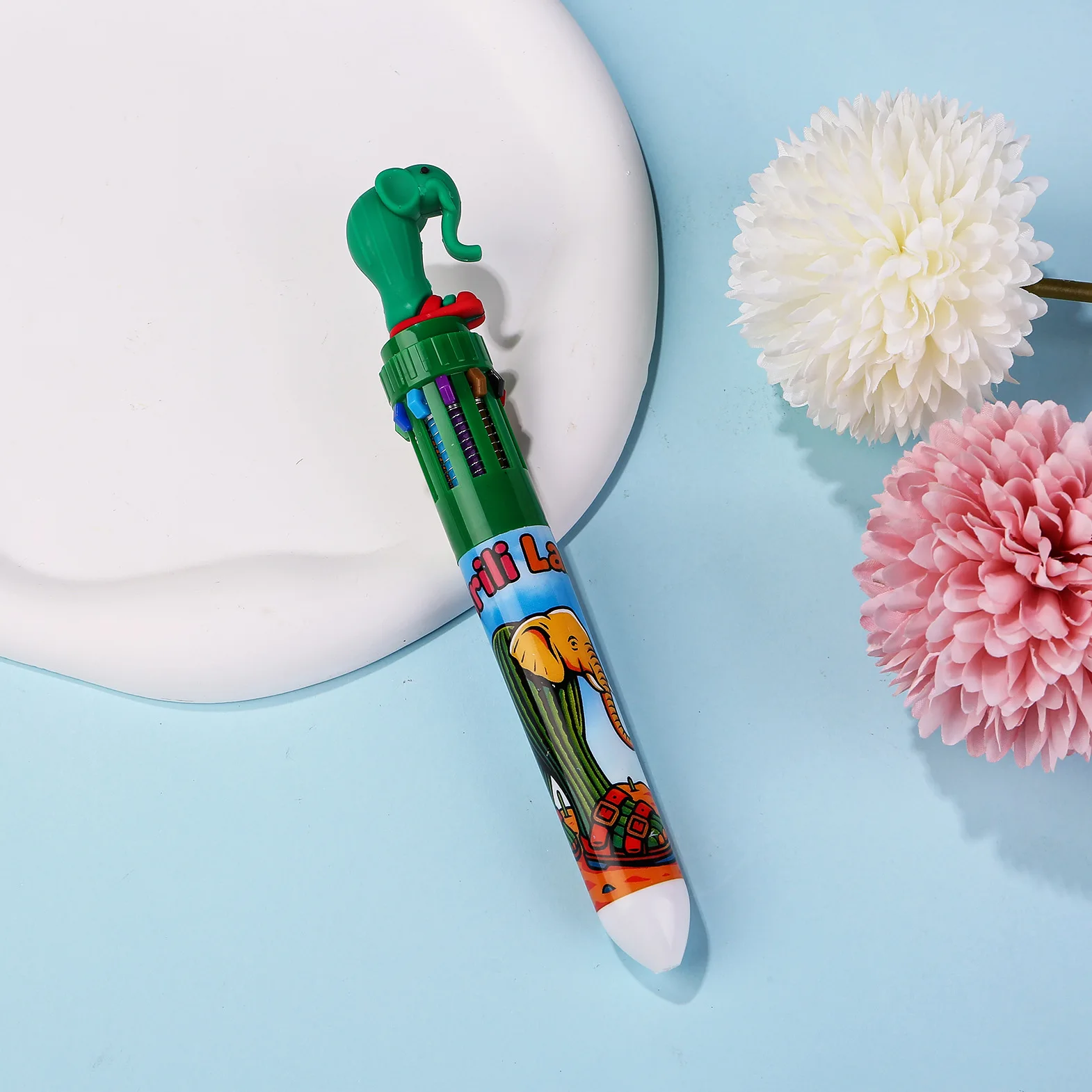 قلم حبر جاف ملون على شكل حيوان 0.7 مم، 10 في 1 قلم ملون 10 ألوان قابل للسحب قلم حبر جاف كرتوني لطيف للمكتب والمدرسة