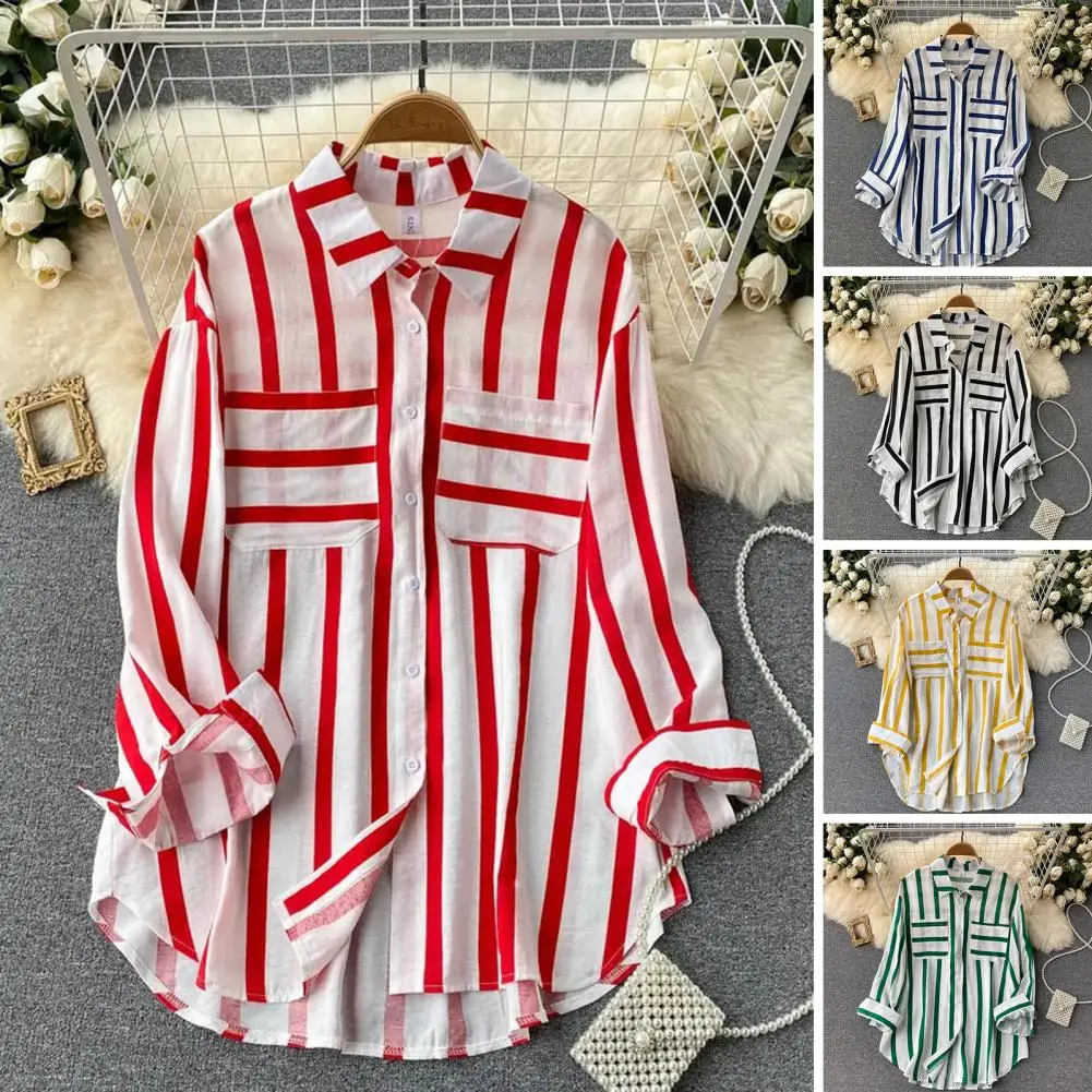 

Lady Casual Shirt Stylish Women's Fall Shirt Striped Print Loose Fit Lapel Collar Single-breasted Buttons for Soft Commute Loose