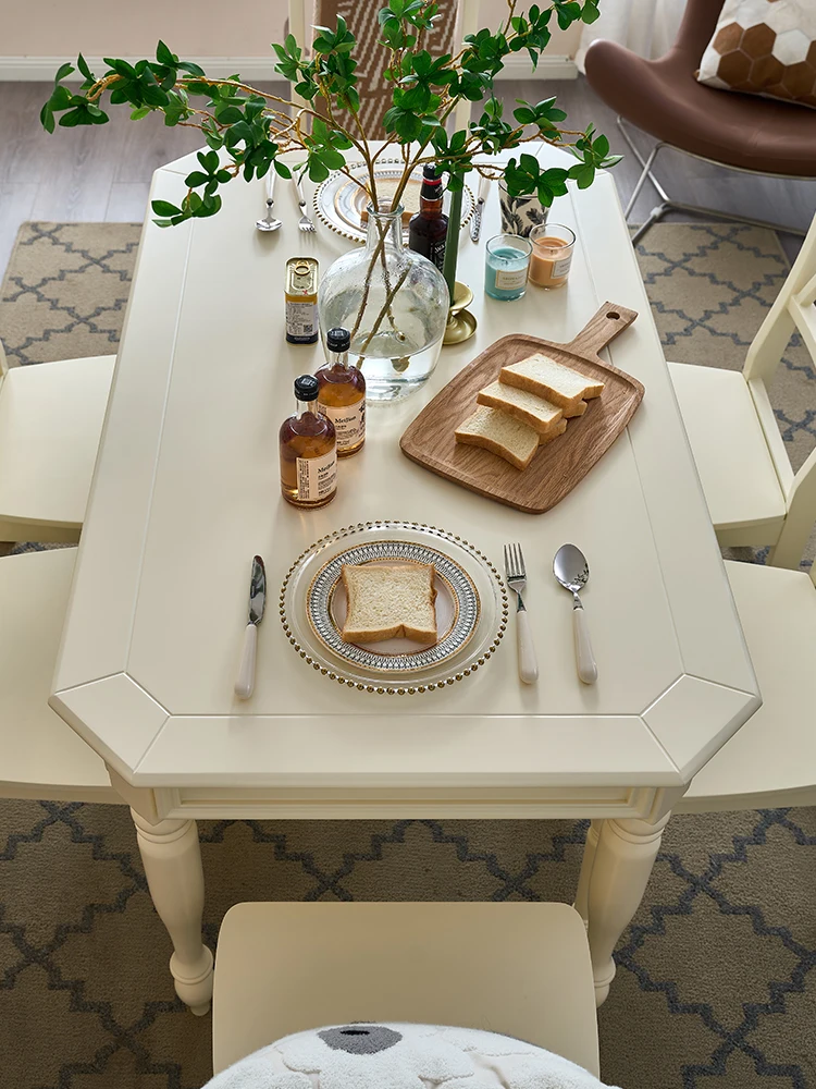 Solid Wood Dining Tables and Chairs Set Cream Style White Modern Simple Rectangular Dining Table