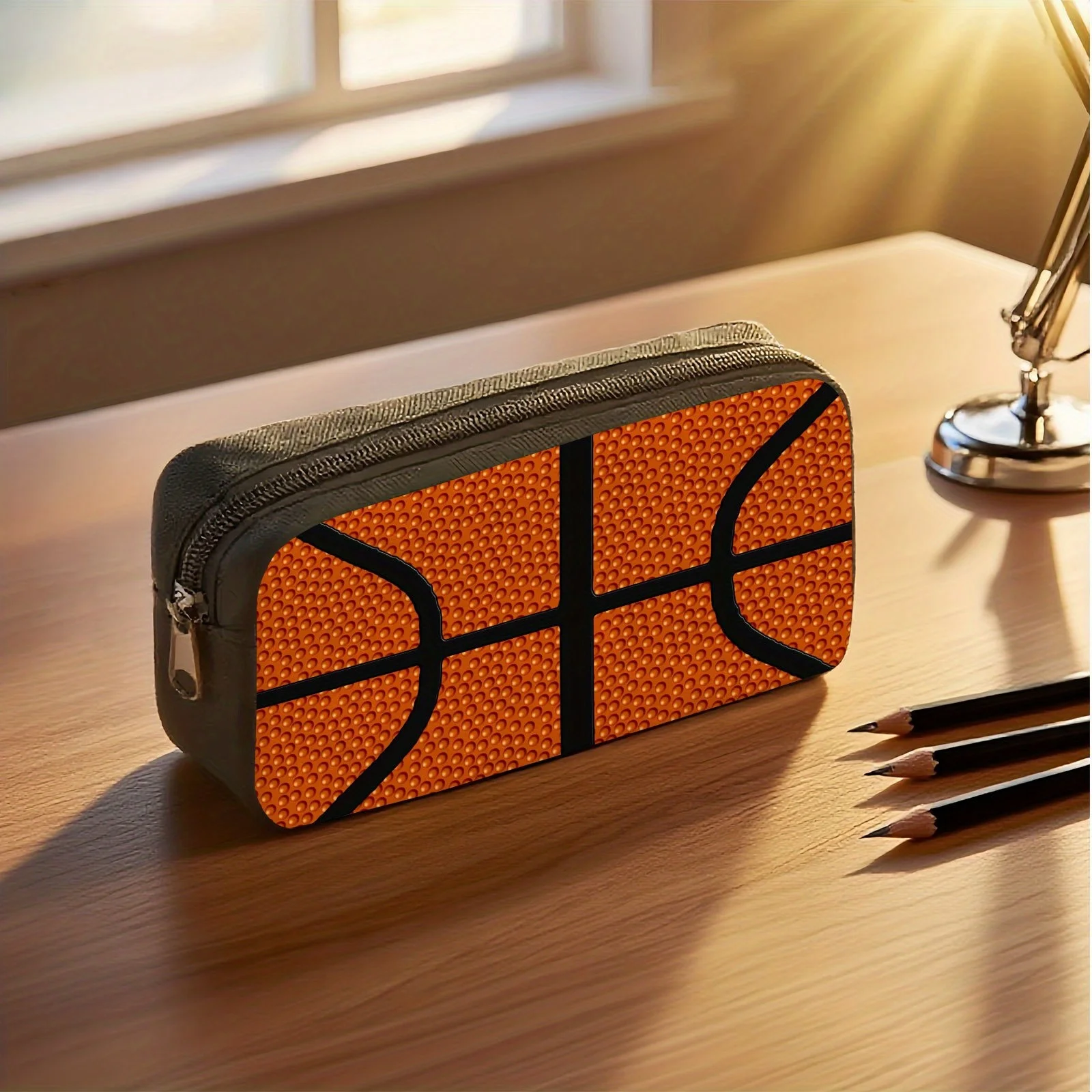 

one-piece stylish single-layer pencil bag, printed with basketball texture pattern, large-capacity stationery box, lightweight