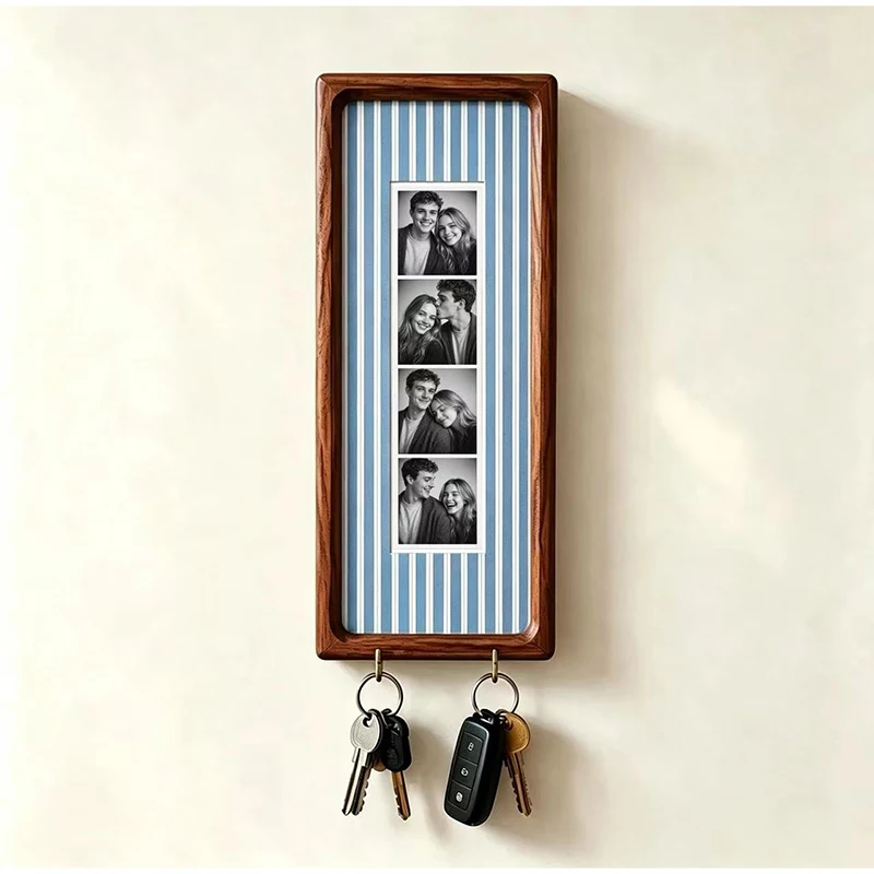 Holz-Fotorahmen für Paare mit Schlüsselhaken, Wandmontierter Bilderrahmen, Modischer Gestreifter Rahmen, Schlüsselhalter, Jubiläumsgeschenk – Detail 14