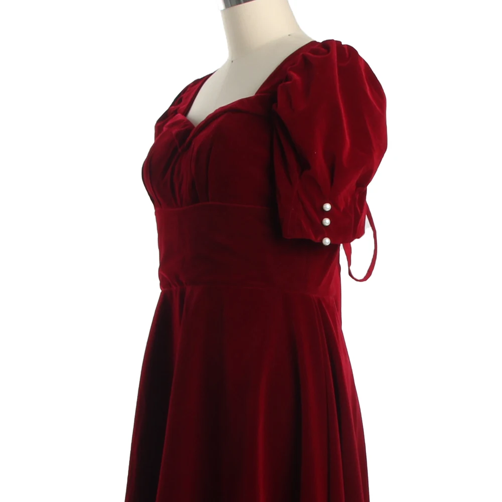 Robe de soirée en velours bordeaux, col en cœur, manches mi-bouffantes, boutons, ligne a, longueur thé, grande taille, robe de soirée pour femmes, B1372