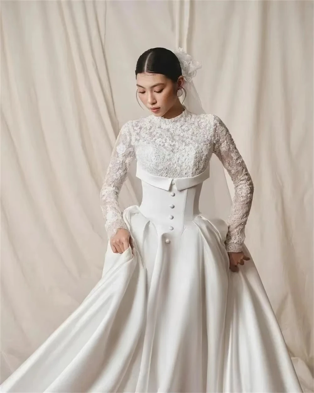 Customized High Neck Full Sleeve Lace Satin Ball Gown Bridal Dress with Buttons Sweep Train for Wedding Ceremony Photoshoot