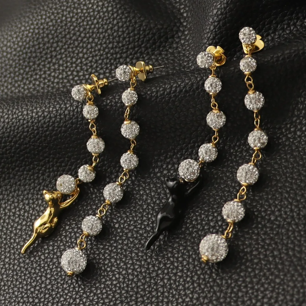 

Fashion Jewelry Star-filled Rhinestone Ball Long Earrings Asymmetrical Cute Creative Cat Hand-painted Glaze Earrings for Women