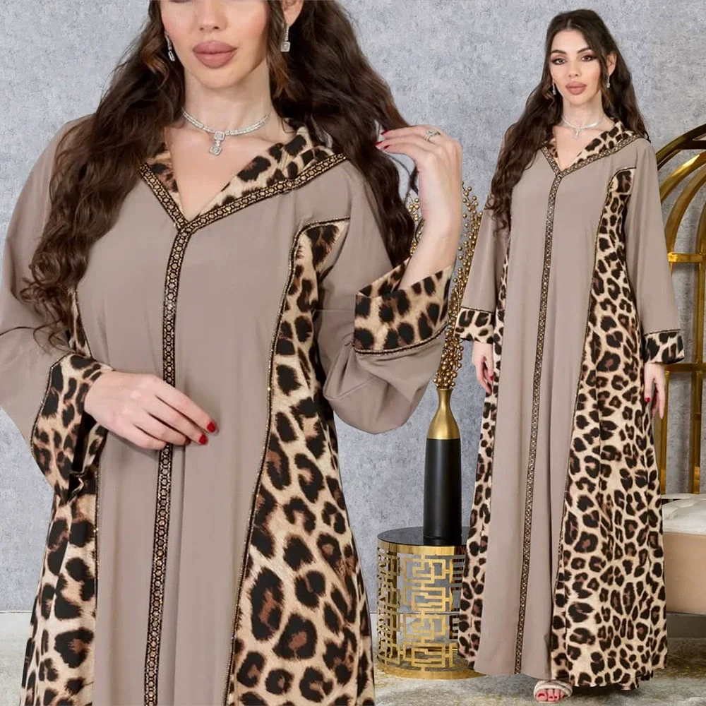 

Middle Eastern Arab Muslim Fashion Long Skirt Women's V-neck Leopard Pattern Color blocked Long sleeved Islamic Ramadan Dress