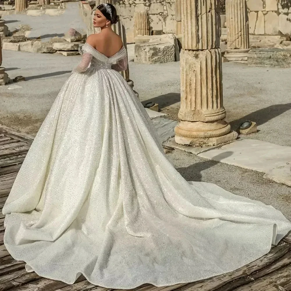 Vestidos de casamento com mangas compridas brilhantes para mulheres, lantejoulas fora do ombro, vestidos de noiva, Dubai, princesa árabe, 2024