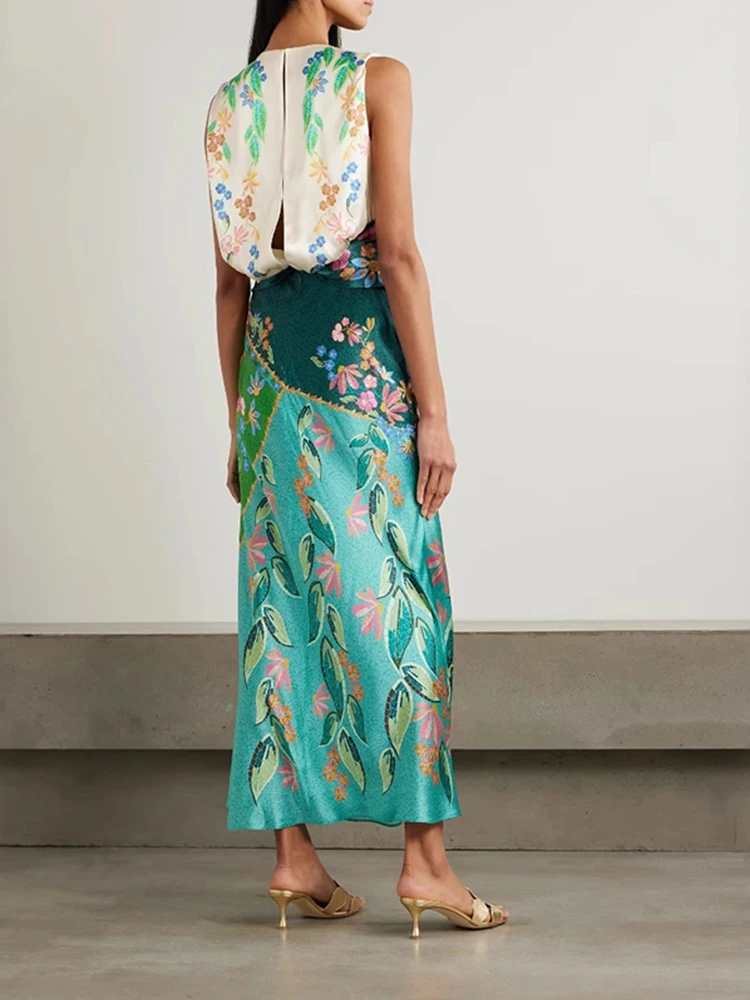 우아한 O넥 슬리브리스 휴가 드레스 2025 여성 패션 패턴 프린트 허리 파티 드레스 캐주얼 트위스트 새틴 보헤 롱 드레스