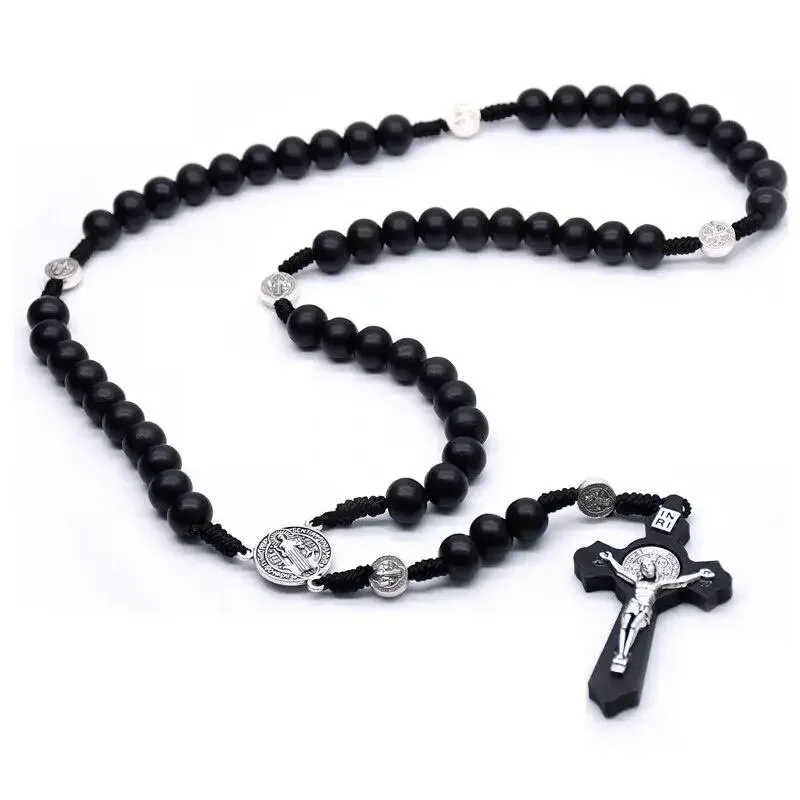 Religious Wooden Antique Black Cross Rosary Car Pendant Jesus Saint Benedict Beaded Hanging for Men Women Jewelry