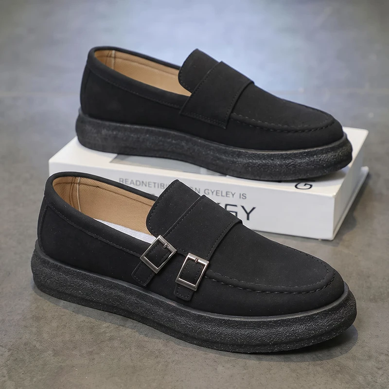 Men Casual Loafer Shoes Suede Texture Double Buckle Detail Slip On Chunky Flat Sole Retro Business Commute Footwear