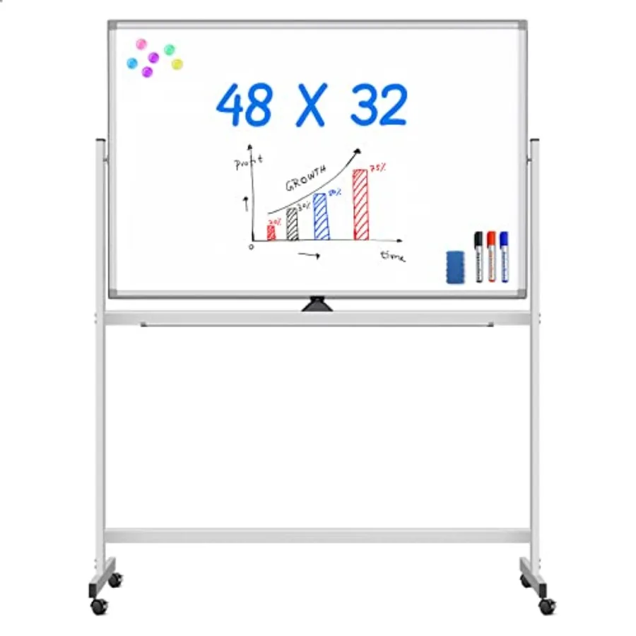 

Двусторонняя магнитная доска для записей на колесиках 48x32 дюйма с алюминиевой рамой, мобильная, настольная, с подставкой