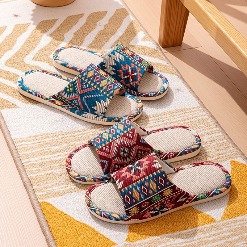 Ethnic Style Linen Flip Flops For Women Men Anti-Slip Casual Couple Slippers Retro Color Block Open Toe Sandals For Home Beach image 4