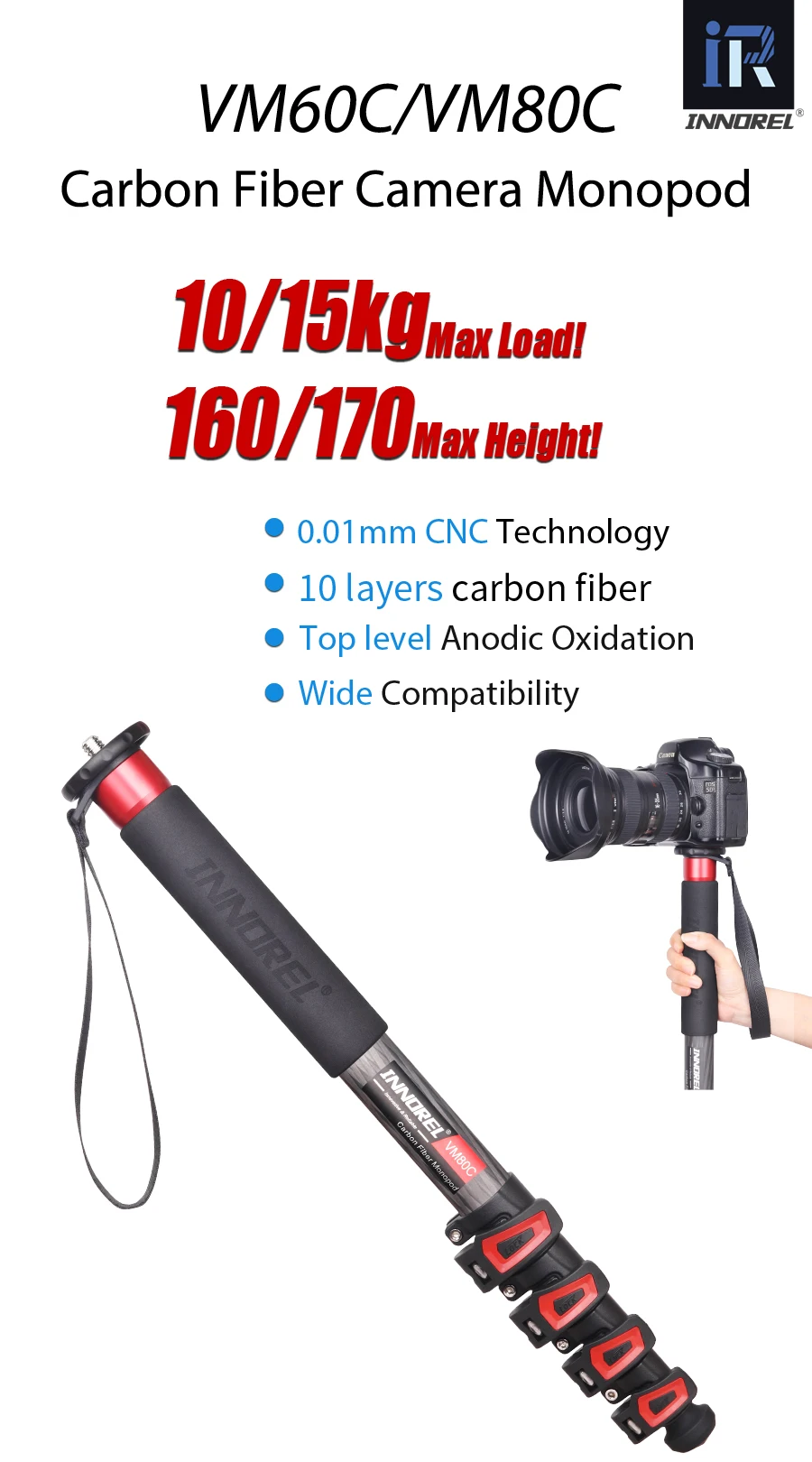Kamera Ein beins tativ Innorel VM60C/VM80C Kohle faser Ein beins tativ mit schnellem Flip Lock für Canon Nikon DSLR Kamera Video Camcorder – Detail 1