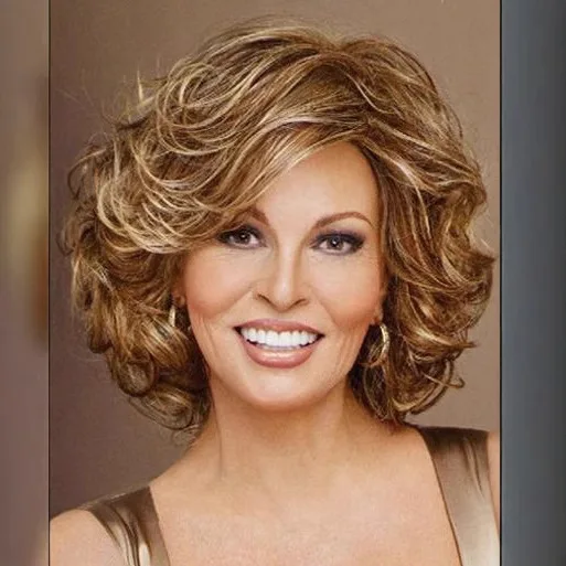 European and American Synthetic Wigs for Women - Short Curly Hair, Daily Wear Middle-Aged and Elderly, Side-Swept Bangs Wig Cap