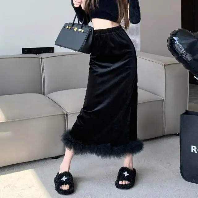 High waist velvet skirt Feather wrap hip skirt Black ostrich hair skirt Women's autumn and winter mid length design slit skirt