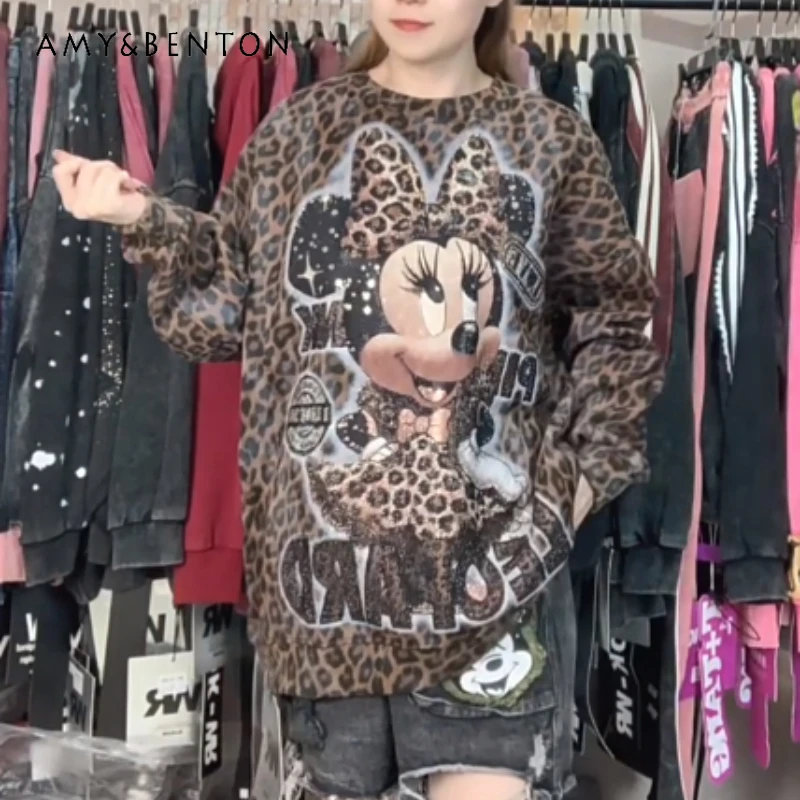 

Warm Fleece Top Coat Heavy Industry Leopard Print Rhinestone Cartoon Loose Hoodies Fashion Thickened Crew Neck Sweatshirt Girl