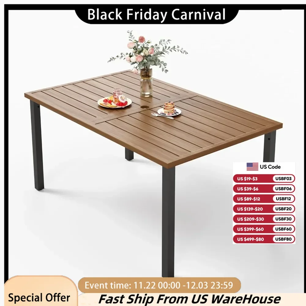 

6-Person Wood-Like Metal Steel Slat Rectangle Tables with Adjustable Umbrella Hole, Outdoor Table