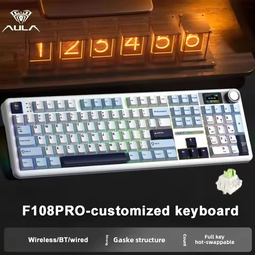 New AULA F108Pro/F108 Esports Gaming Keyboard for Mac/PC/Android,RGB Gasket Structure Wireless Bluetooth Mechanical Keyboard
