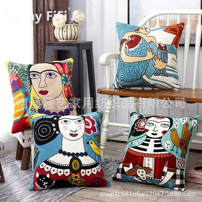 Abstract Art Exaggerated Mythology Figure Embroidery Cushion Covers Soft Cotton Decorative Throw Pillow Case For Sofa Bed Decor