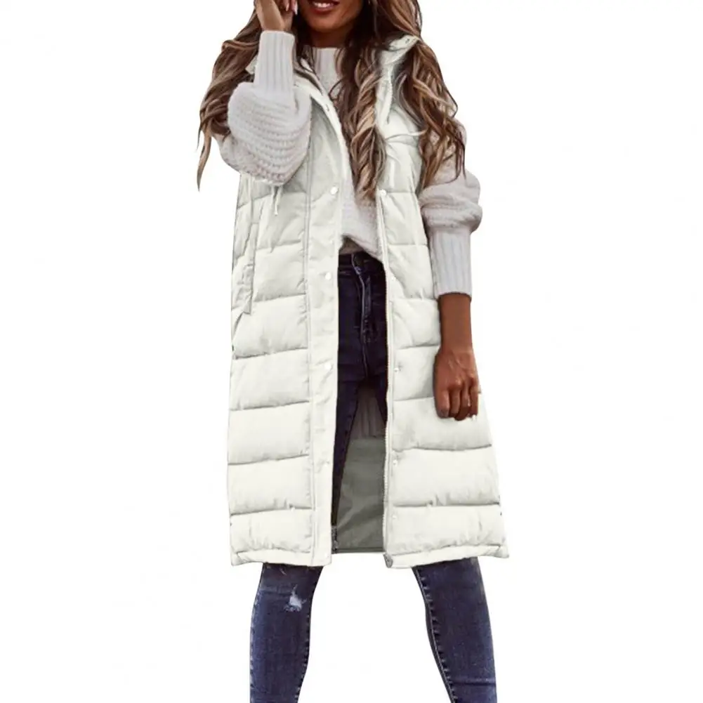 

Sleeveless Jacket Fashion Pure Color Hooded Knee-Length Vest Coat Comfy Down Waistcoat