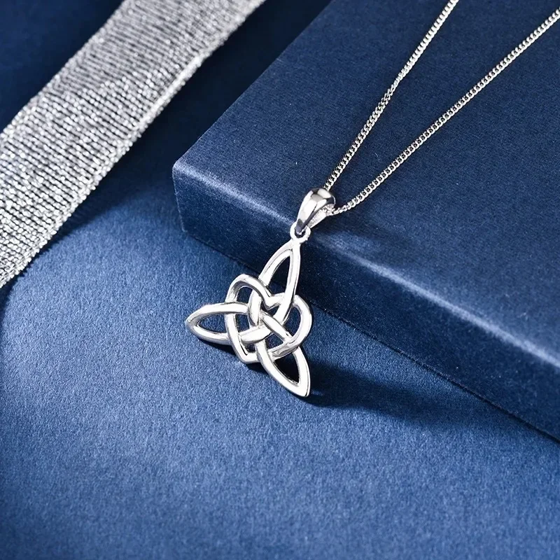 YILUOCD 925 Stering Silver Witch Knot Pendant Necklace Vintage Triangle Cross Celtic Knot Necklaces Women Lucky Amulet Jewelry