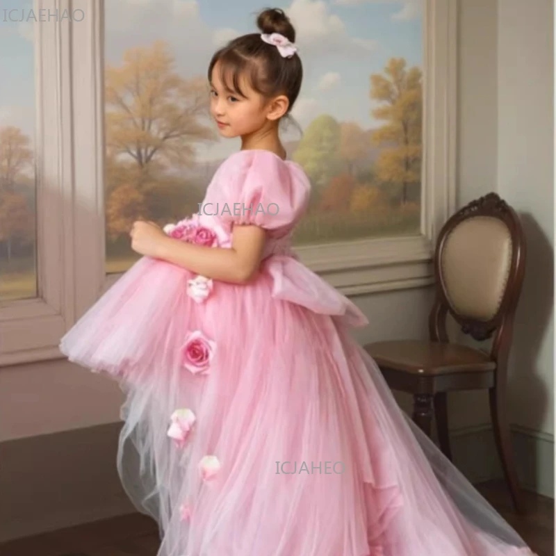 Pink Princess Dress for Girls Train Puffy Tulle Birthday Party Performance Flower Girl Kids Clothing Gown Children Pageant Host
