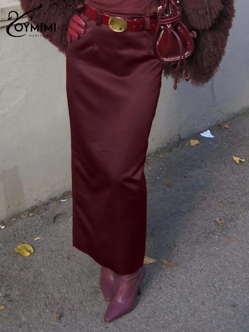 

Oymimi Fashion Wine Red Skirts For Women Casual Slim High Waisted Straight Skirts Elegant Simple Ankle-Length Skirt Streetwear
