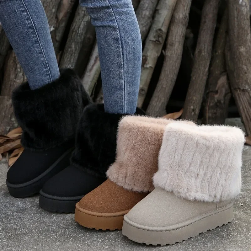 Fashionable Women\'s Round Toe Warm Thickened Plush Winter Mid-calf Boots Thick Sole Casual Comfortable Anti-slip Women Snow Boot