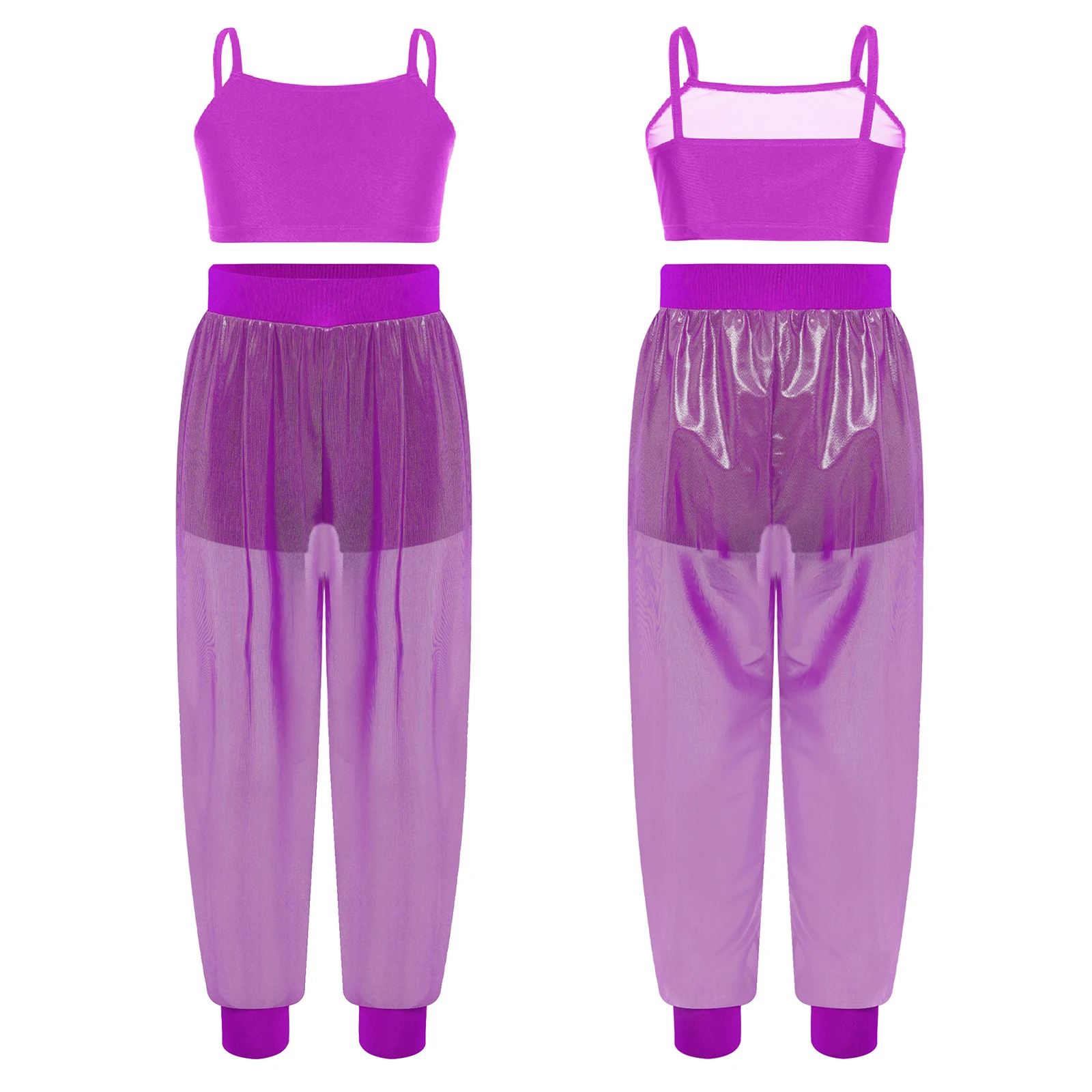 Girls Hip-Hop Jazz Dance Outfits Two Pieces Dancewear Sets Solid Color Camisole with See-Through Mesh Pants Child Party Costumes