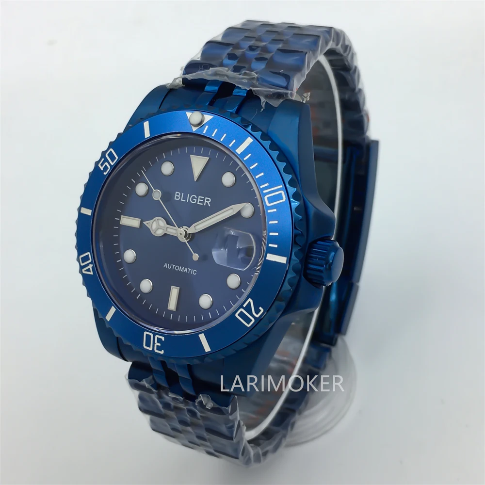 Reloj de buceo galvanizado para hombre, pulsera de acero inoxidable, cristal de zafiro, movimiento automático, correa de goma, caja azul, NH35, 40mm