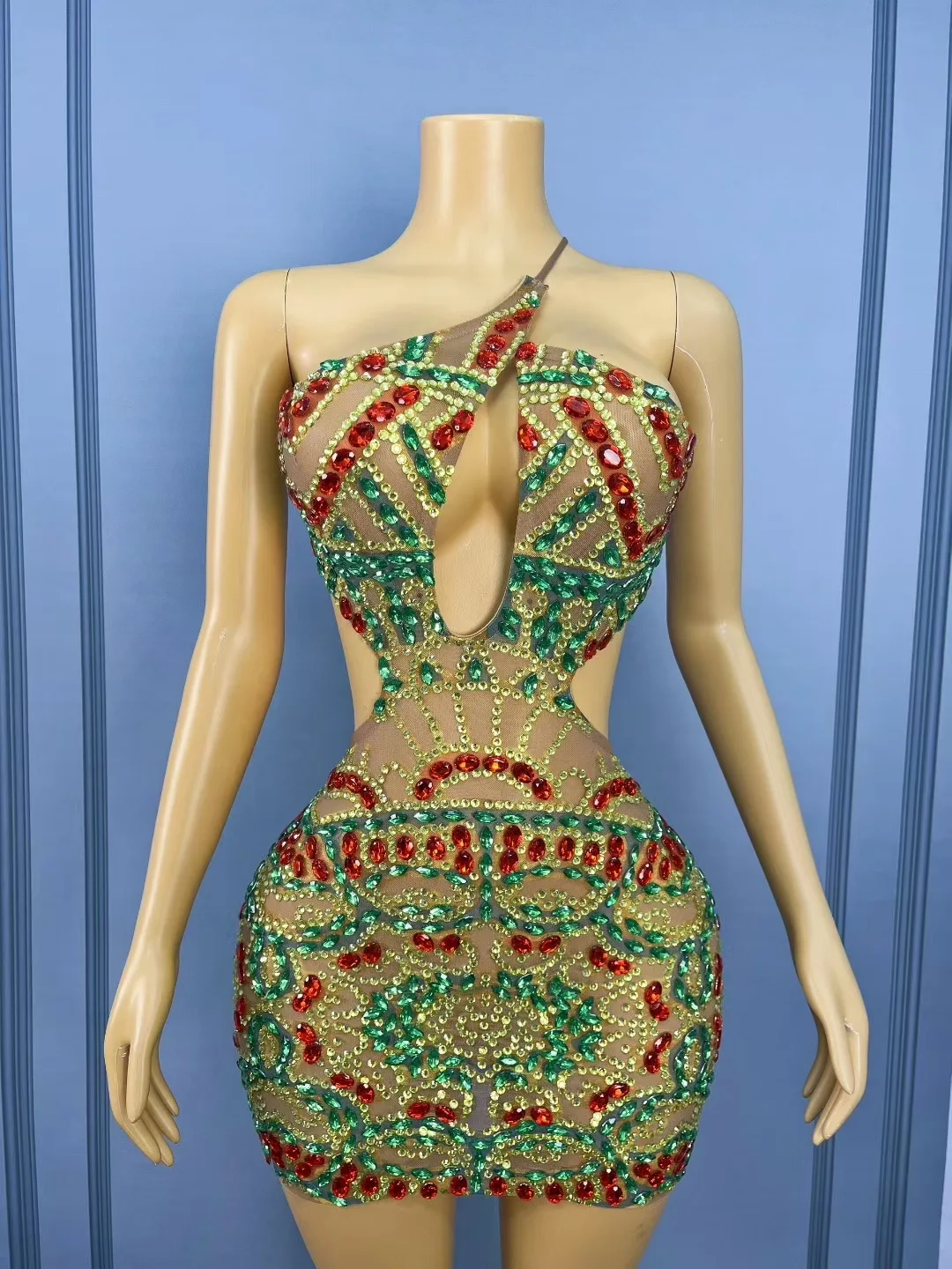 سباركلي الراين مثير قطع شبكة انظر من خلال فستان قصير المرأة الفاخرة عيد ميلاد فساتين الحفلات المسائية ملهى ليلي المرحلة الزي