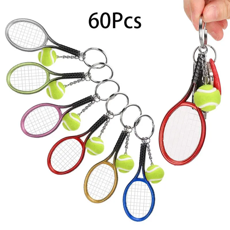 60Pcs Mini Tennis Racket Keychain Fashion Tennis Ball Split Ring Sport Style Split Keychain for Sport Lovers Team