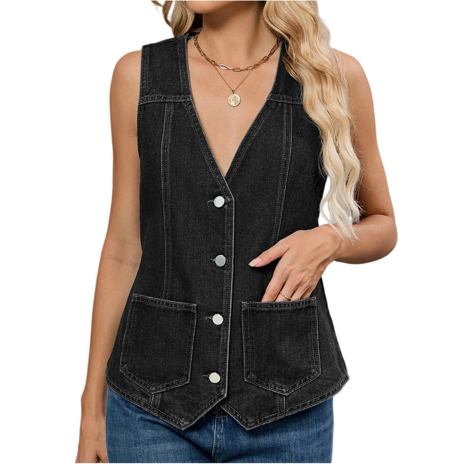 

Новые модные повседневные женские однобортные жилеты без рукавов на пуговицах, модные повседневные однобортные жилеты, женские джинсовые шорты с высокой талией, весенний джинсовый жилет