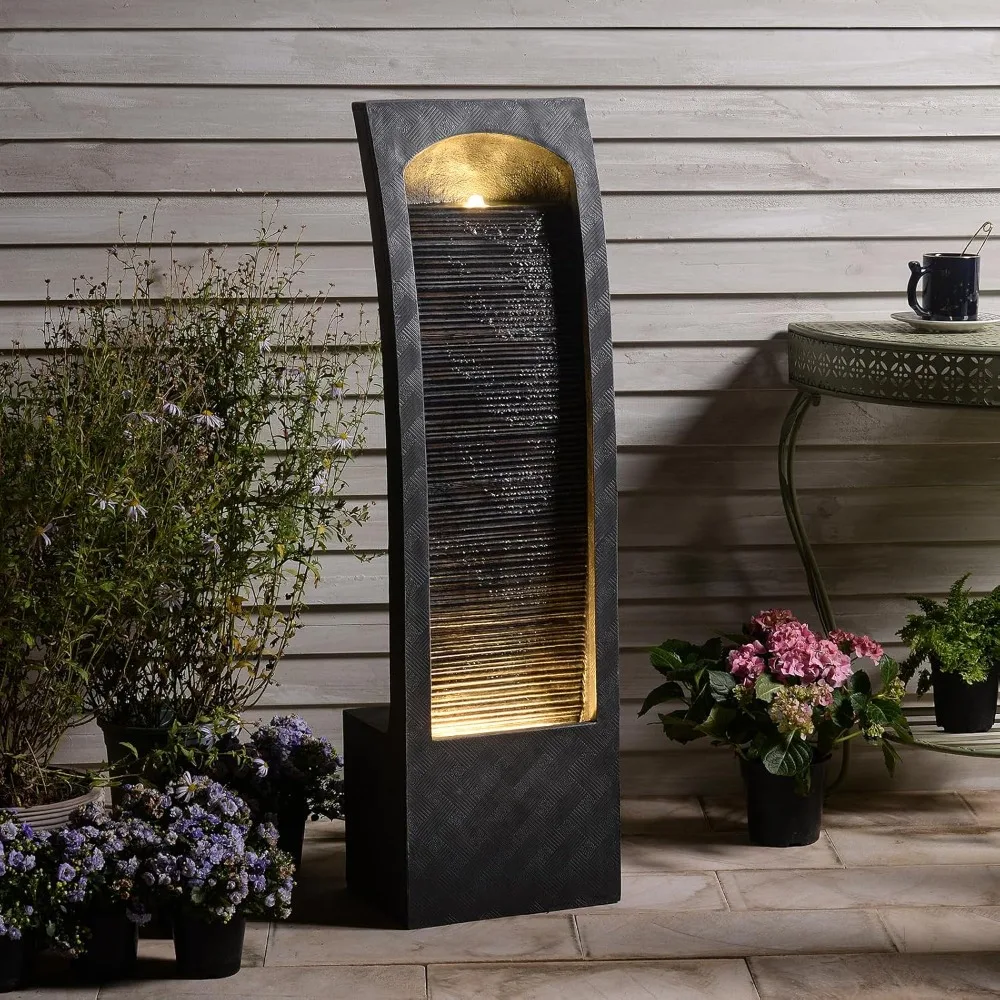 

Indoor Water Fountain Curved Faux Slate Outdoor Waterfall Fountains Floor Standing Tiered Rock With Led Lights And Pump