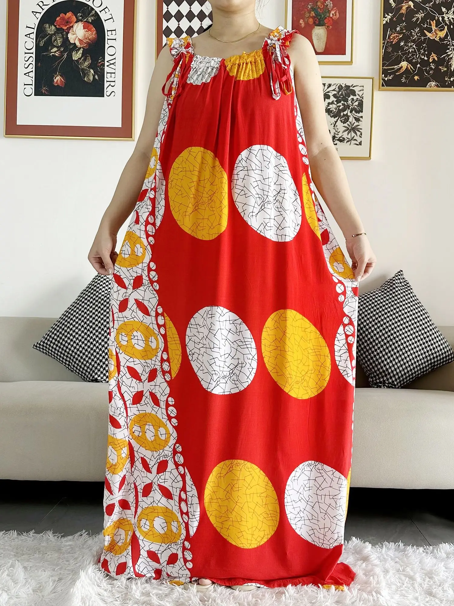 Vestido feminino sem mangas de algodão com lenços, vestido em baixo, dashiki africano, maxi lady robe, kaftan solto, recém-chegados, verão