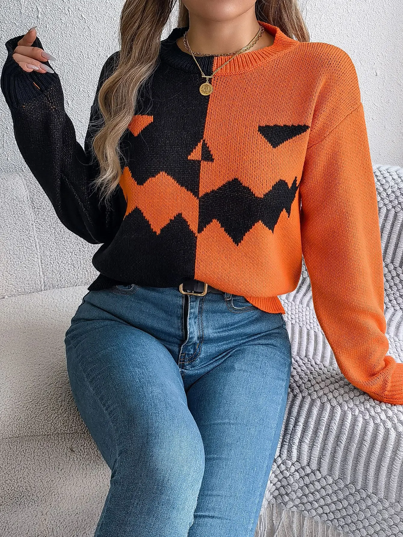 2025 Otoño Invierno mujer suéter Tops suéteres mujeres Halloween fantasma calabaza contraste Color manga larga suéter