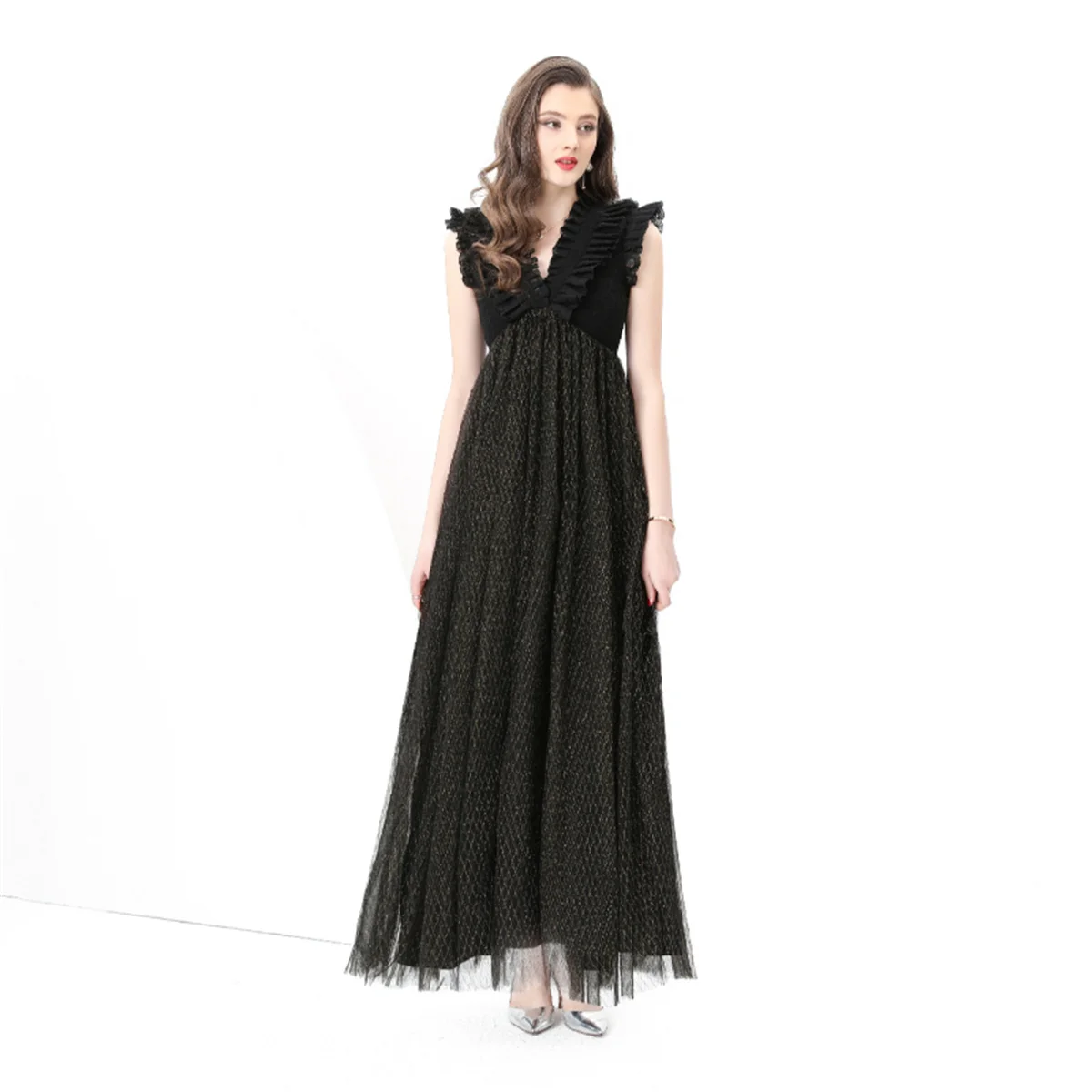 Women's Mesh Spliced Long Maxi Dress Elegant V Neck Sleeveless Retro Ruffle Mesh Shinny Long Dresses Robes Femme