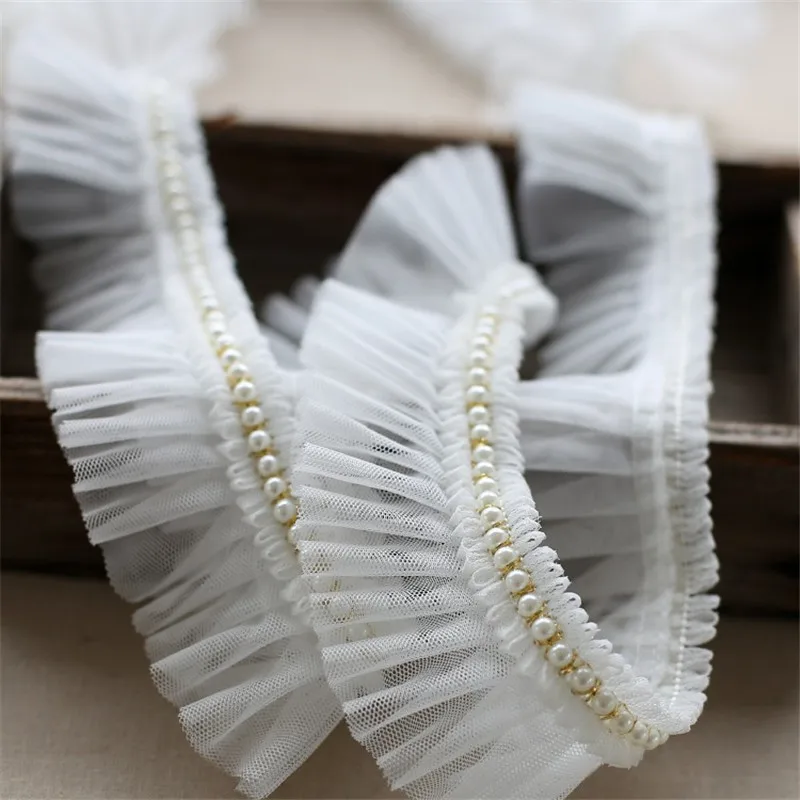 6CM Wide 3d Pleated Mesh Fabric Glitter Beaded Fringe Lace Edge Trim Embroidery Fringe Ribbon Wedding Dress Bags Sewing Decor