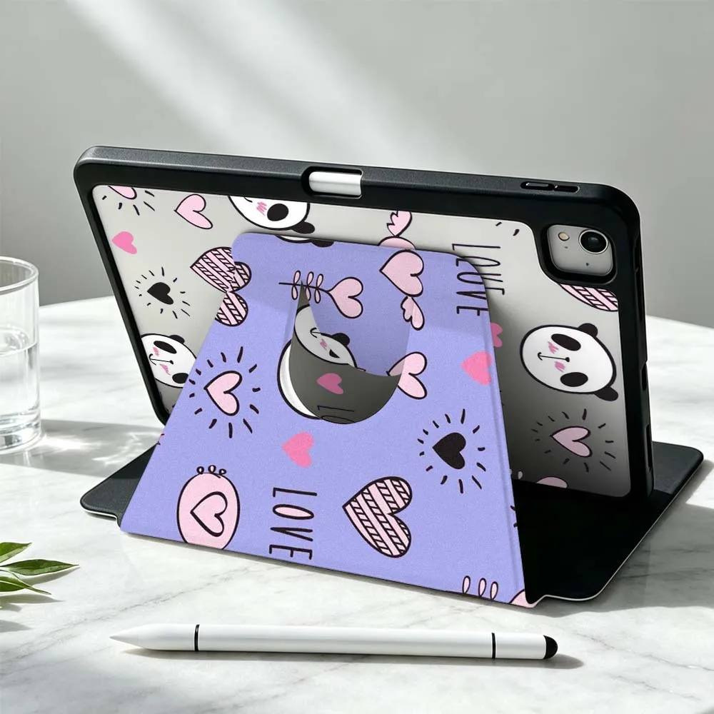 Design Heart-Shaped Panda For iPad Pro Air mini 6 5 4 12th M5 M4 M3 M2 A16 A17Pro 360° Rotation Stylus Storage Tablet Case
