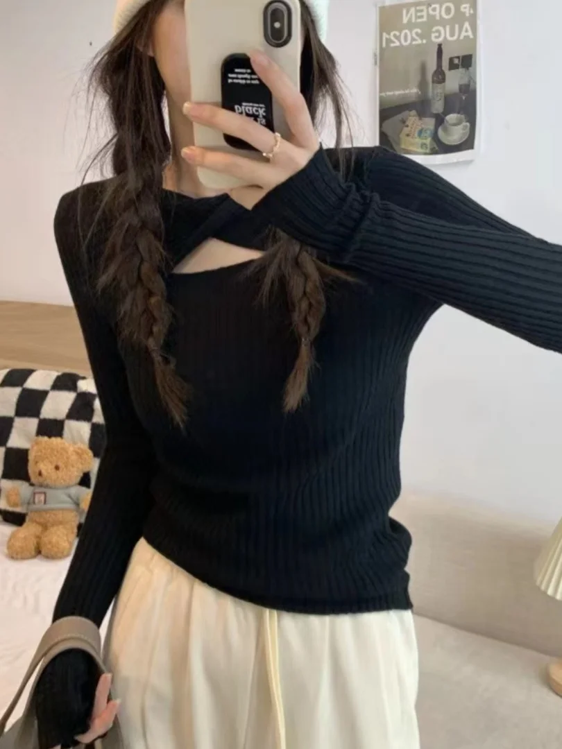 Хаки ажурный базовый слой вязаный свитер женский осенне-зимний приталенный длинный светящийся топ модный для похудения irt