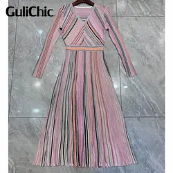 8.10 GuliChic Hit Color Striped Temperament Dress per le donne scollo a V manica lunga vita alta abiti Vintage stile moda femminile