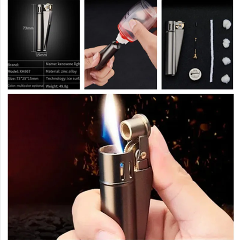 

Retro Durable Trench Kerosene Lighter with Soul Design Head Cover Grinding Wheel Integrated Slide Cover Igniter for Collectors