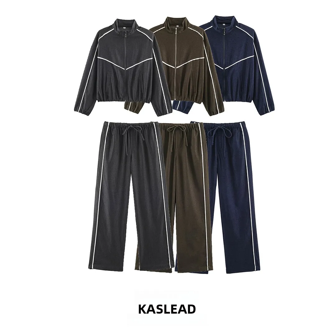 KASLEAD New Women's Fashionable Three-Color Denim Long Pants Slimming High-End Versatile Autumn Season Striped Patterned Set